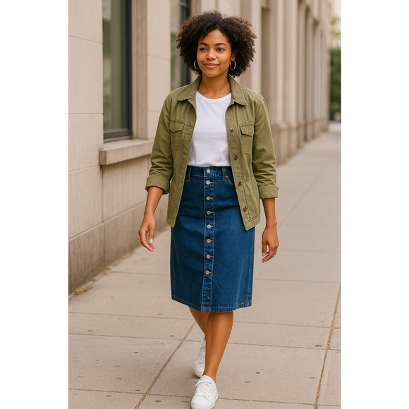 New Old Navy Denim Skirt Size 8 Button Front Midi Blue Jean High Waist - Picture 2 of 16
